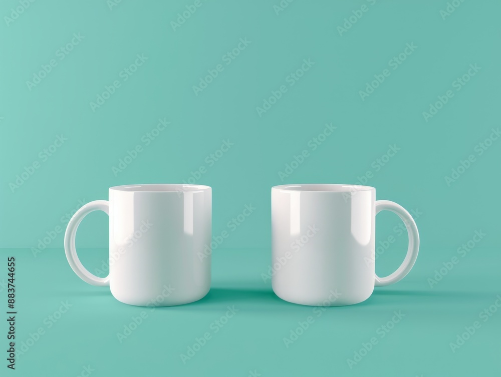 Two white ceramic mugs set against a teal background, highlighting simplicity and elegance. Two white ceramic mugs set against a teal background, highlighting simplicity and elegance.