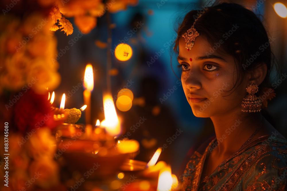 Young Indian girl in traditional clothes. Diwali festival. Indian Festival of Lights. Lots of candles and flowers. Girl in the temple. Young Indian girl in traditional clothes. Diwali festival. Indian Festival of Lights. Lots of candles and flowers. Girl in the temple.