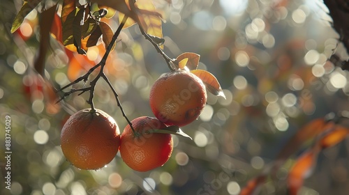 Closeup of ripe and juicy oranges hanging on a tree branch with a blurred background photo