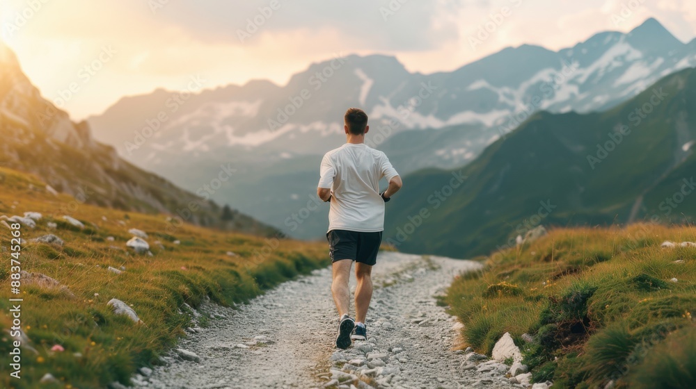 Obraz premium Man Jogging on Scenic Mountain Trail