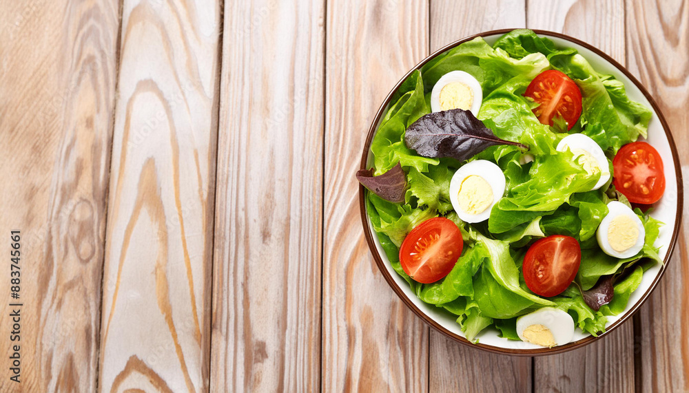 Fresh healthy salad on wooden table. View from above with copy space; background for menu; food photography Fresh healthy salad on wooden table. View from above with copy space; background for menu; food photography
