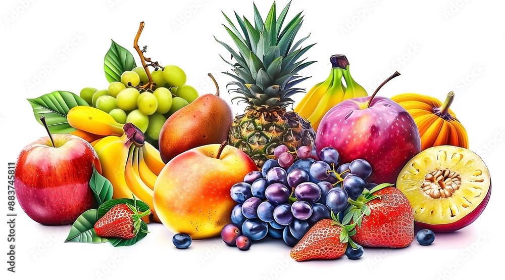 Fruit pile, realistic illustration style, white background