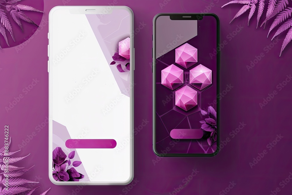 Modern smartphones with abstract pink geometric backgrounds, placed against a purple backdrop with leaves. Stylish and minimalistic design. Modern smartphones with abstract pink geometric backgrounds, placed against a purple backdrop with leaves. Stylish and minimalistic design.