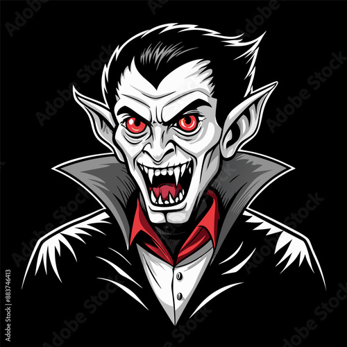 Illustrated Vampire with Red Eyes and Fangs in Dark Background for Halloween