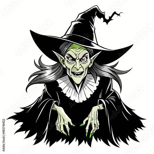 Spooky Witch Illustration   Green Face, Black Hat, Halloween Art, Vector Design