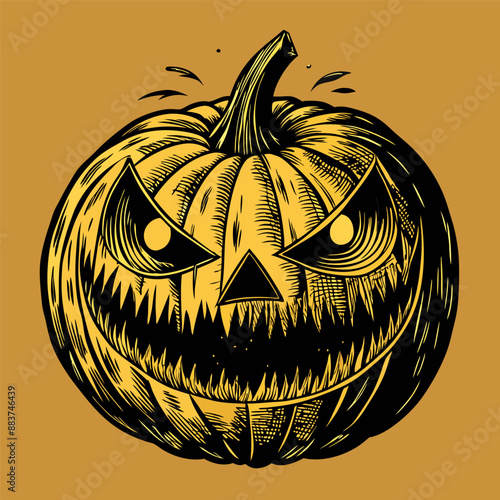 Vintage Halloween Pumpkin Illustration with Angry Expression on Orange Background