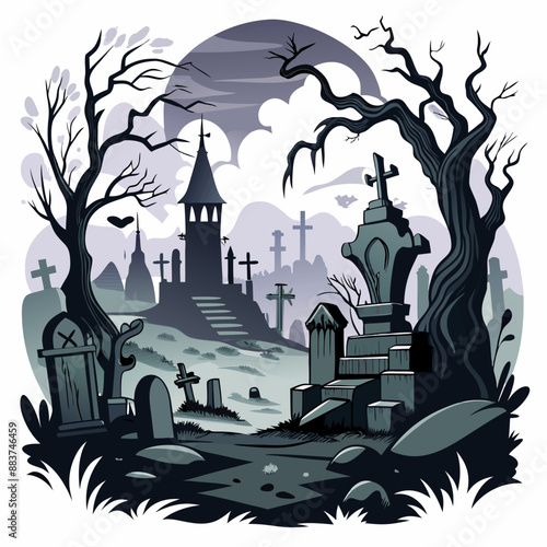 Eerie Cemetery at Night with Full Moon and Gothic Gravestones