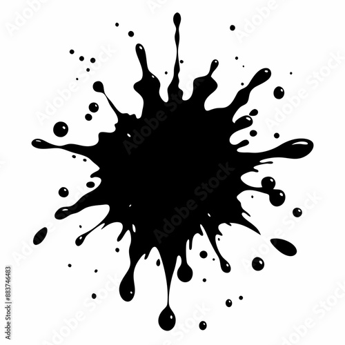 Abstract Black Ink Splatter with Droplets on White Background   Artistic Paint Splash Design