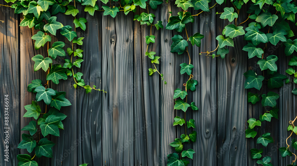 rough wooden fence with half side covered with green leaves rough wooden fence with half side covered with green leaves