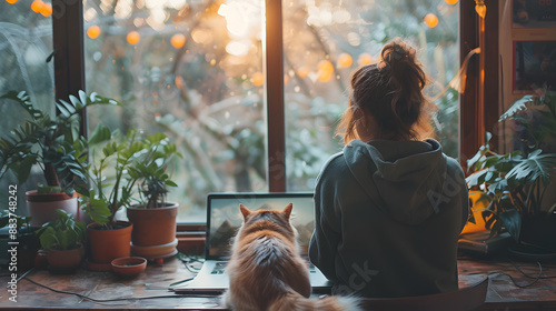 Pet and Working from home lifestyle. A heartwarming scene of a cat and a woman relaxing with a laptop, everyday life and joy. Modern life with a furry friend, blending work and relaxation seamlessly. © Korakrich