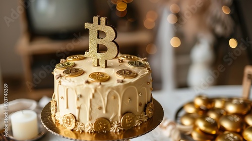 Cake with a bitcoin theme and edible gold plate decorations photo