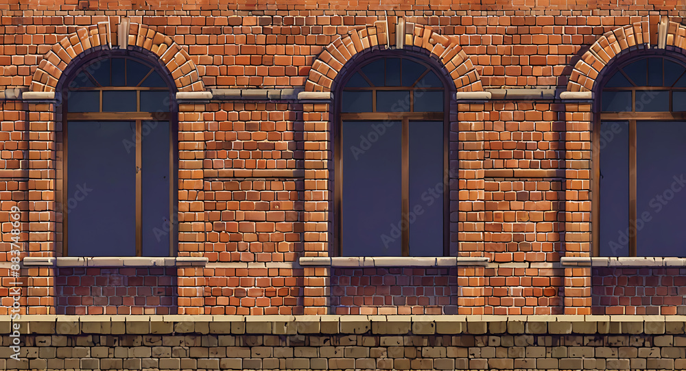Fototapeta premium A brick wall featuring arches and windows, adding architectural interest to a platformer game's background 