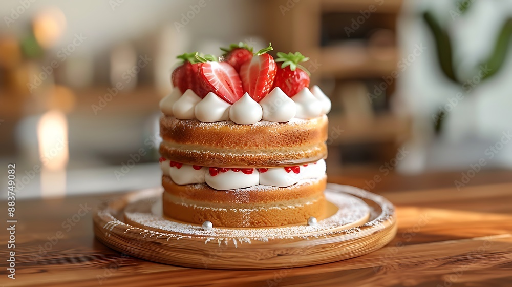 Cake with Victoria sponge on a wooden bowl very detailed and realistic shape Cake with Victoria sponge on a wooden bowl very detailed and realistic shape
