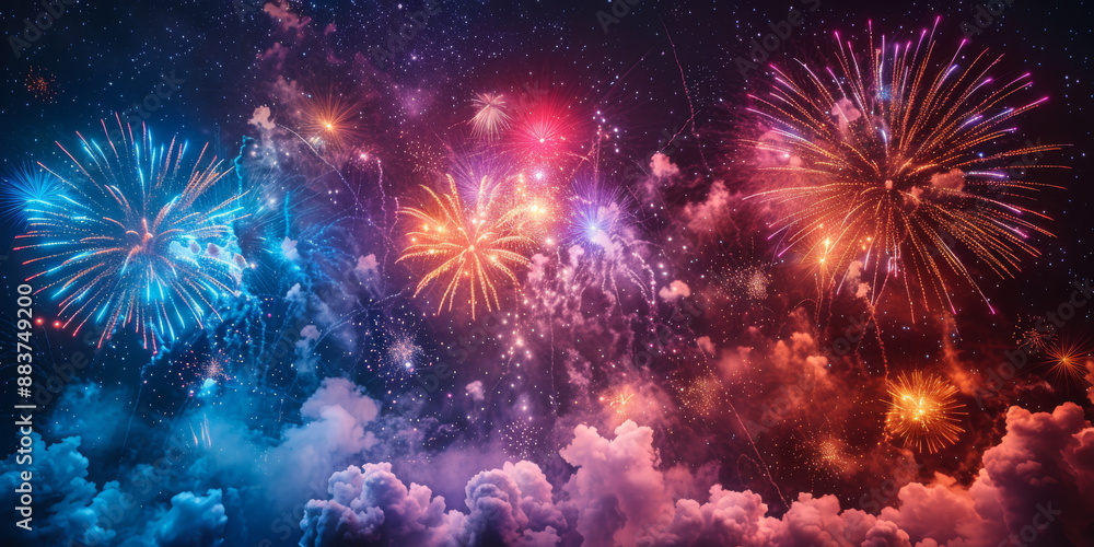 Fototapeta premium 夜空に輝く花火の背景イラスト