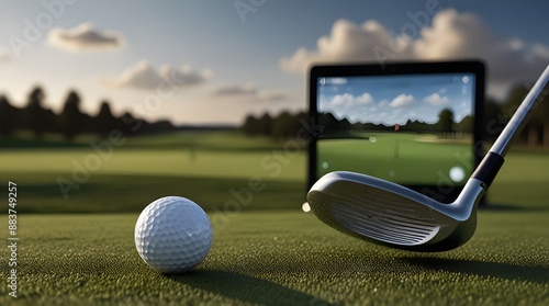Golf ball and putter in focus against a screen display.generative.ai