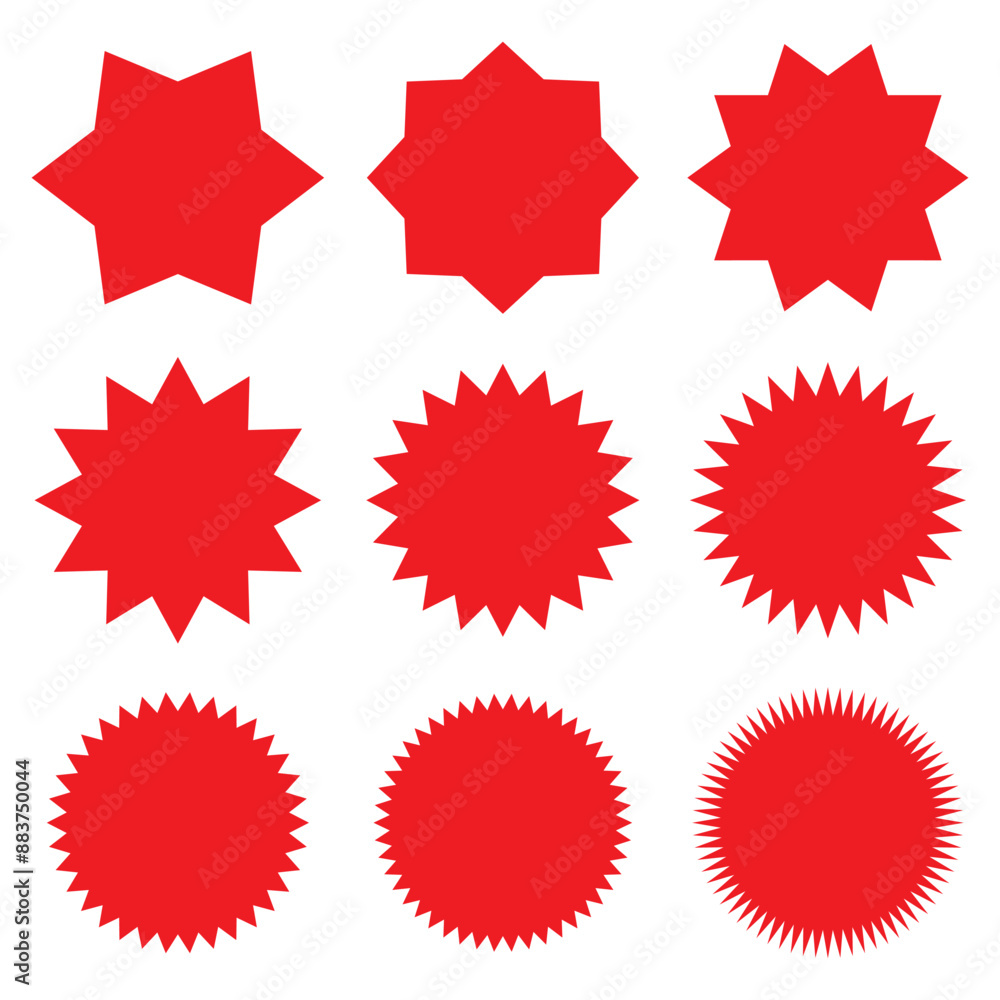 Set of red starburst, sunburst badges. Design elements - best for sale sticker, price tag, quality mark. Vector illustration. Set of red starburst, sunburst badges. Design elements - best for sale sticker, price tag, quality mark. Vector illustration.