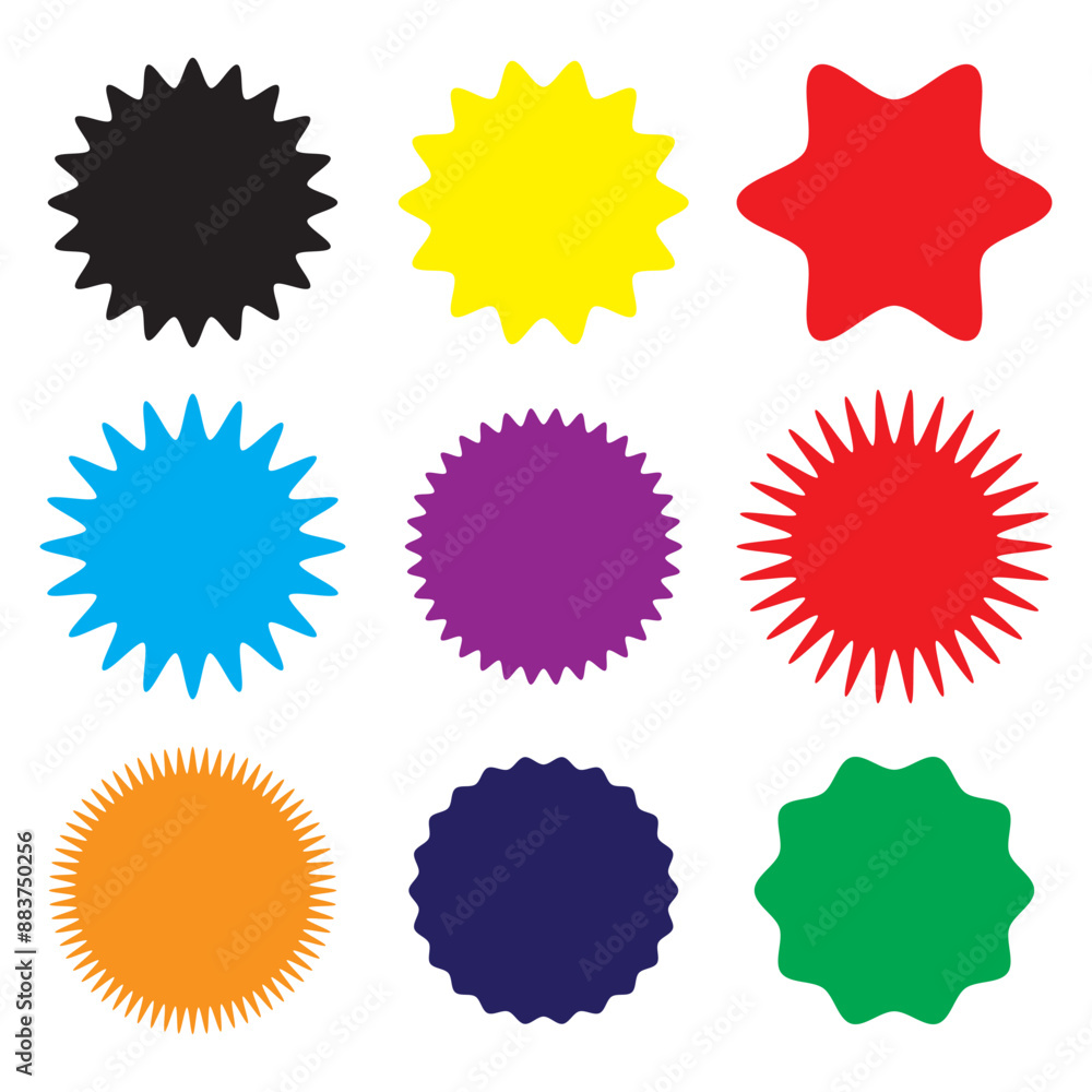 Set of icons badges starburst, sunburst, label, sticker. 9 different types and colors Design elements. Vector illustration. EPS 10 Set of icons badges starburst, sunburst, label, sticker. 9 different types and colors Design elements. Vector illustration. EPS 10