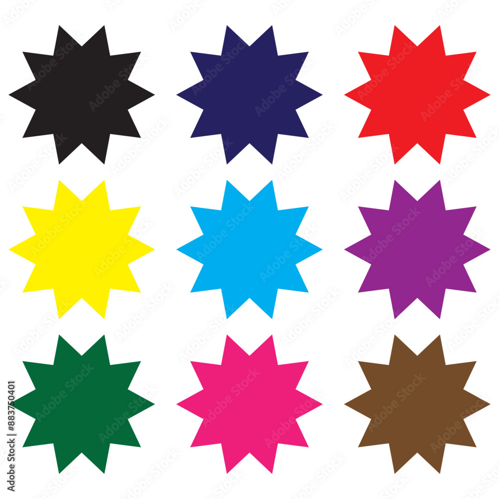 Obraz premium Different color of starburst set icon. Red, yellow, black blue purple, brown starburst icon.