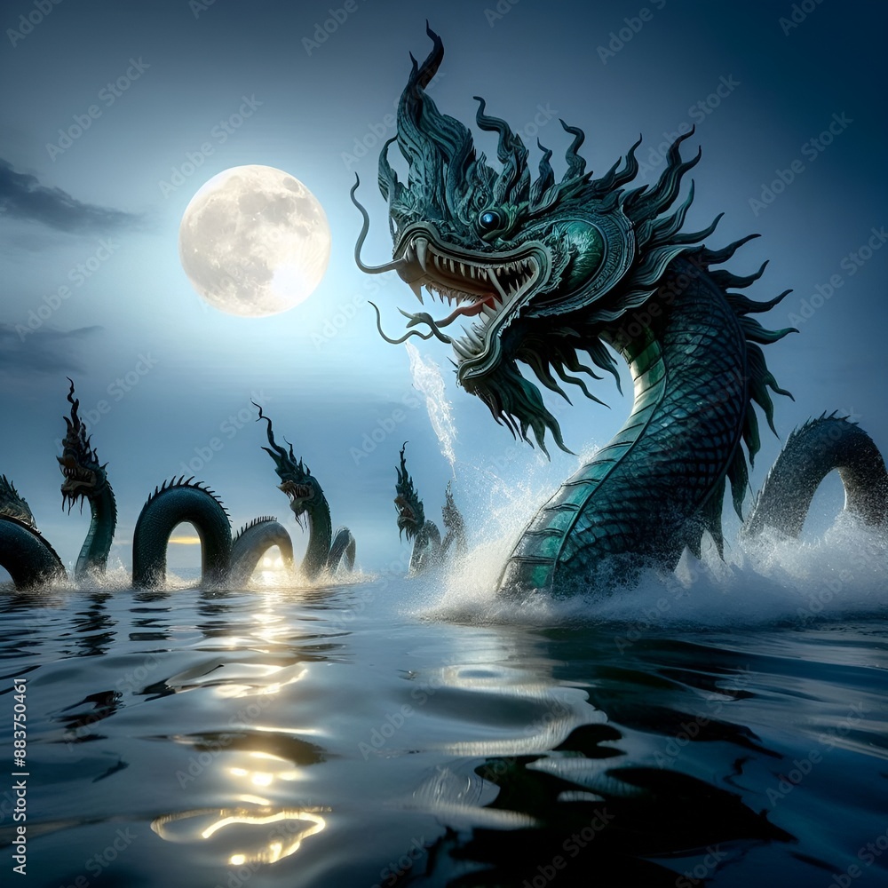 naga playing in the water on a full moon night naga playing in the water on a full moon night