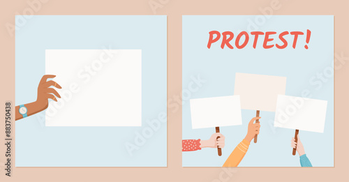 Diverse hands hold blank signs and round banners. Social media template portrays a protest scene with people showing solidarity and strength, demonstrating community support through their placards.