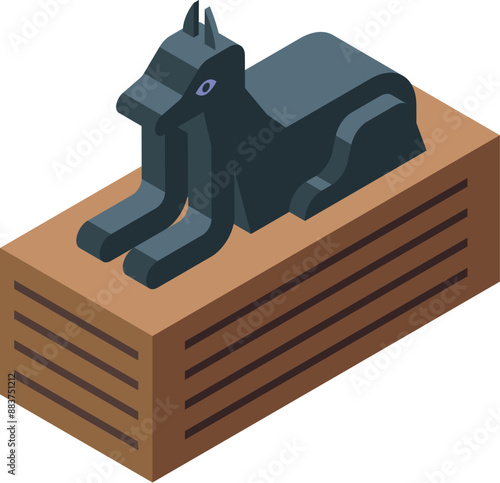 Isometric black anubis statue sitting on a wooden pedestal, representing ancient egyptian mythology and culture