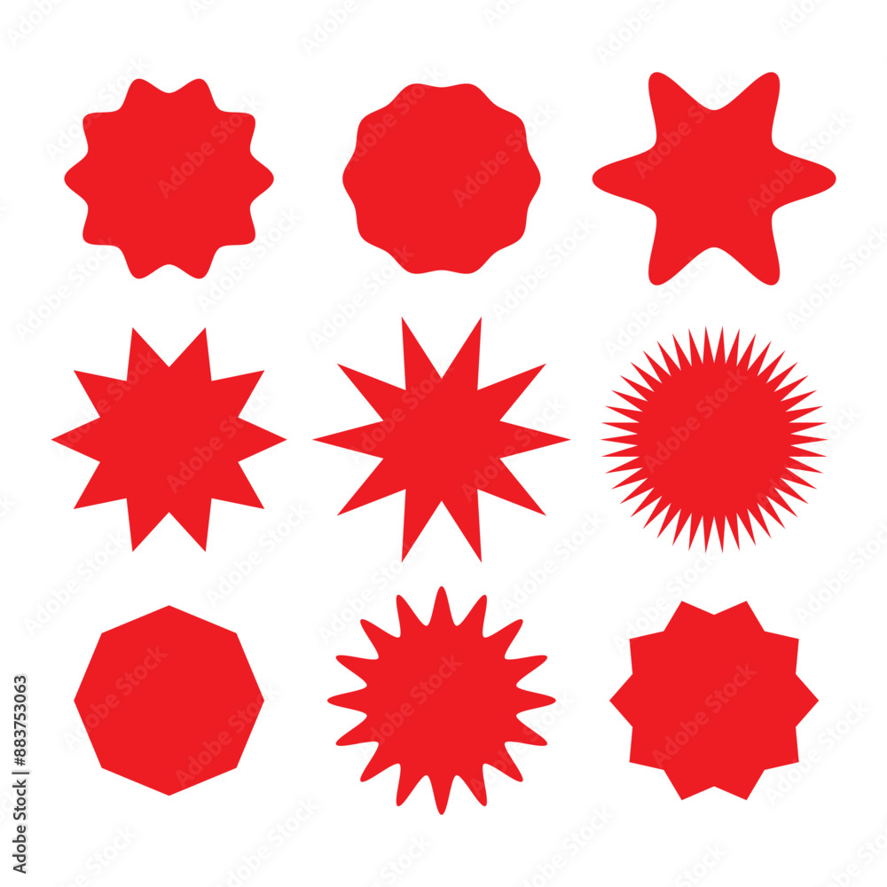 Set of red price sticker, sale or discount sticker, sunburst badges icon. Stars shape with different number of rays. Special offer price tag. Red starburst promotional badge set. Vector illustration. Set of red price sticker, sale or discount sticker, sunburst badges icon. Stars shape with different number of rays. Special offer price tag. Red starburst promotional badge set. Vector illustration.