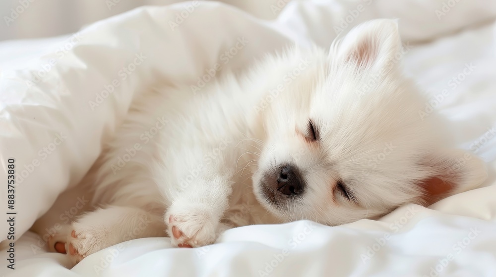 A cute, fluffy white puppy peacefully sleeping on white bed sheets, capturing a moment of pure innocence and tranquility. A cute, fluffy white puppy peacefully sleeping on white bed sheets, capturing a moment of pure innocence and tranquility.
