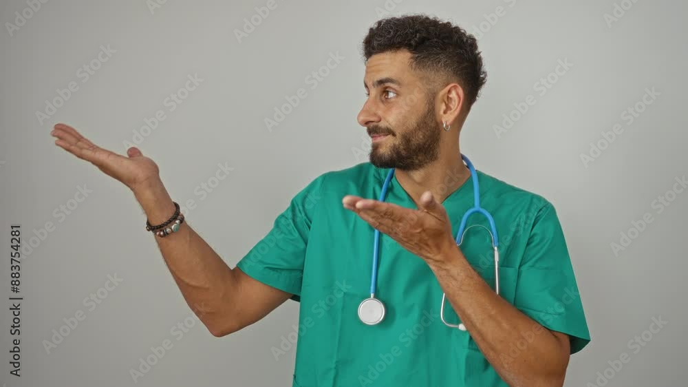 Hispanic male nurse wearing green scrubs with stethoscope presenting something with open hands over isolated white background. Hispanic male nurse wearing green scrubs with stethoscope presenting something with open hands over isolated white background.