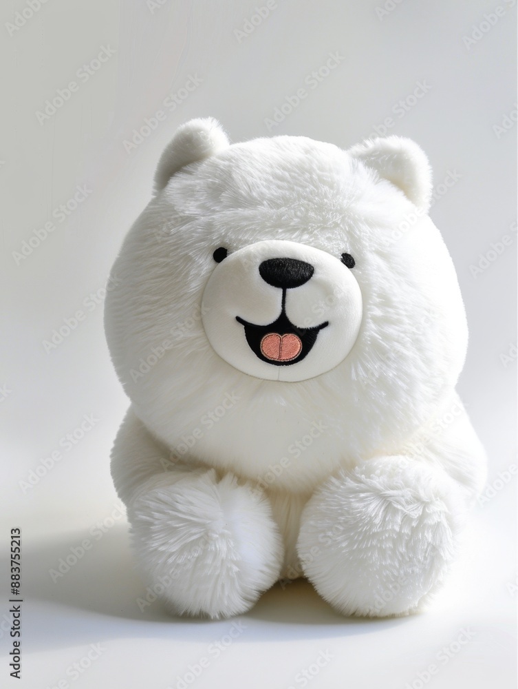 A white fluffy teddy bear with a smiling face and black nose sitting against a plain background. A white fluffy teddy bear with a smiling face and black nose sitting against a plain background.