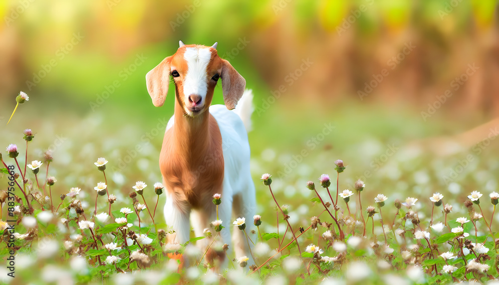 Springtime Frolic: Playful Goat Kid Among Blooming Wildflowers Springtime Frolic: Playful Goat Kid Among Blooming Wildflowers