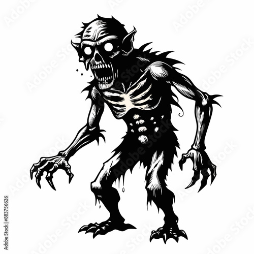 Gruesome Zombie Monster Illustration   Skeleton Horror Art in Black and White