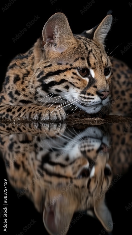 side view of bengal cat lying on black background, reflection in the floor side view of bengal cat lying on black background, reflection in the floor