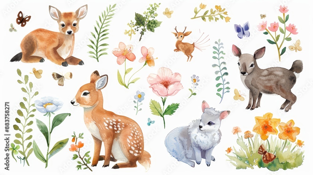 Naklejka premium Whimsical Watercolor Spring Scenes with Blooming Flowers, Lush Meadows, and Adorable Baby Animals