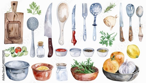 Vibrant Watercolor Kitchen Still Life - Ingredients, Utensils, and Cooking Scenes