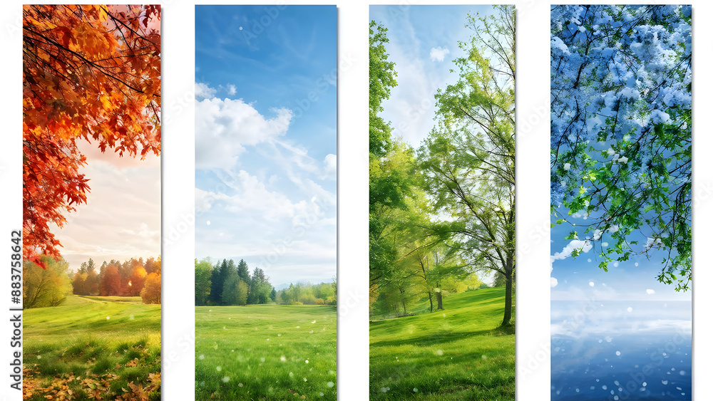 Fototapeta premium Four seasons of year. Set of vertical nature banners with winter, spring, summer and autumn scenes. Copy space for text