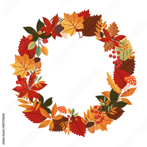 Autumn wreath. A round frame made of elements of the autumn forest. Autumn leaves; mushrooms; acorns Autumn festival.