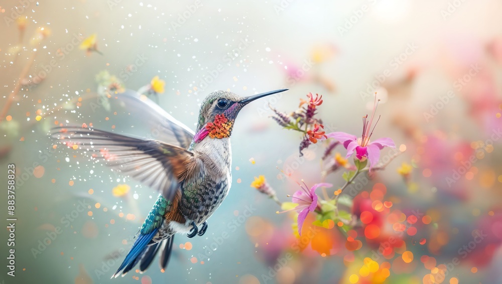 Naklejka premium Hummingbird in a Vibrant Dance Among Flowers with Magical Particle Effects in a Dreamlike Garden Scene