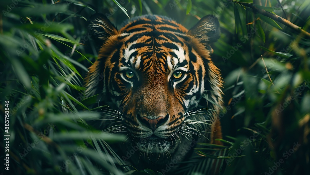 Majestic Tiger's Intense Gaze Amidst Lush Jungle Foliage Captivating and Enigmatic