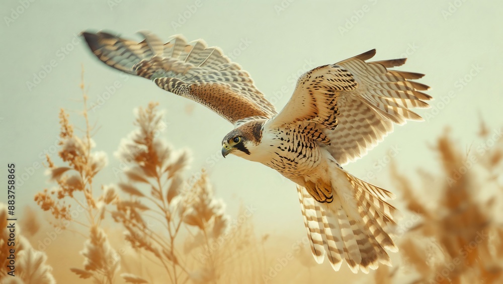 Obraz premium The Graceful Glide: A Majestic Falcon in Flight Over a Golden Prairie
