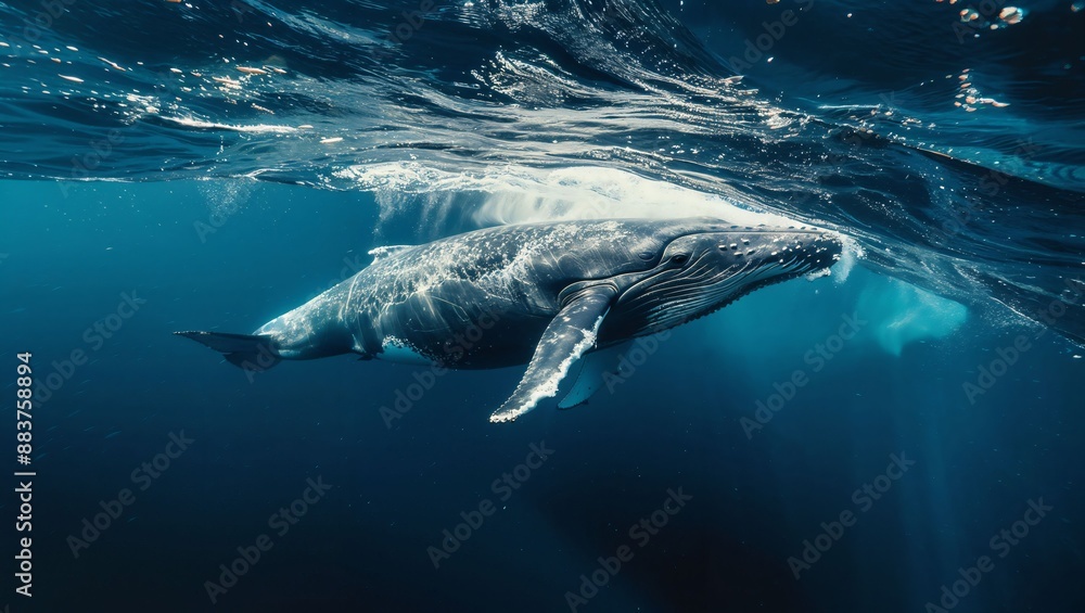 Naklejka premium Graceful Whale Gliding Through The Deep Blue Ocean Exuding Tranquility