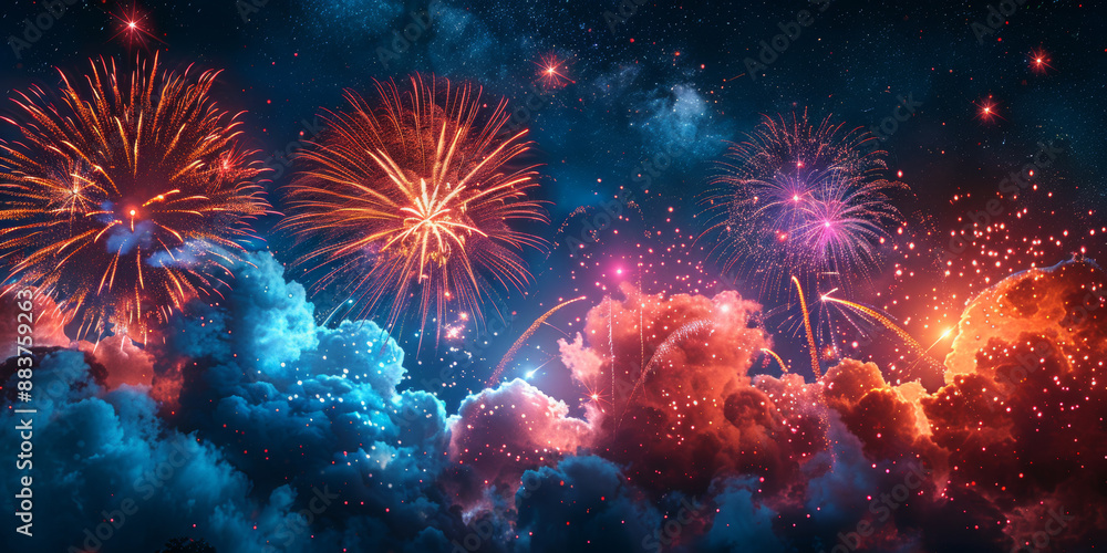 Fototapeta premium 夜空に輝く花火の背景イラスト