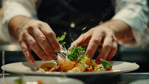 Close-up of male chef arranging food on a dish in the kitchen