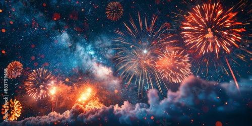 夜空に輝く花火の背景イラスト