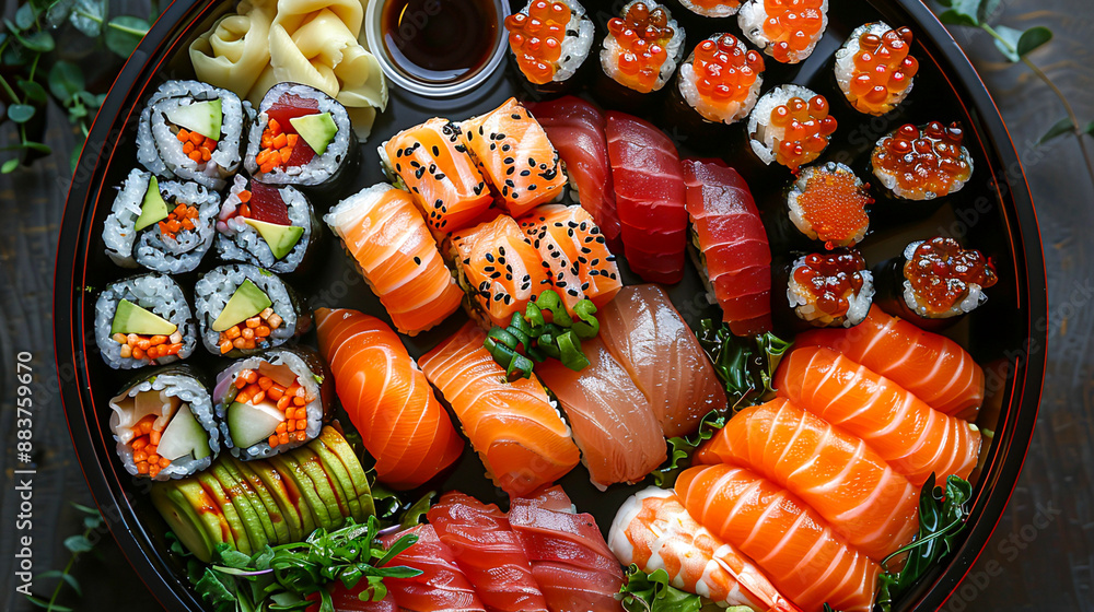 Exquisite Sushi Platter with Assorted Rolls, Sashimi, and Dipping Sauces from Above Exquisite Sushi Platter with Assorted Rolls, Sashimi, and Dipping Sauces from Above