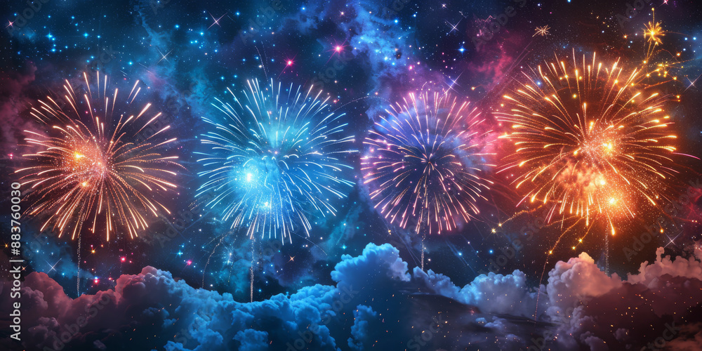 Fototapeta premium 夜空に輝く花火の背景イラスト