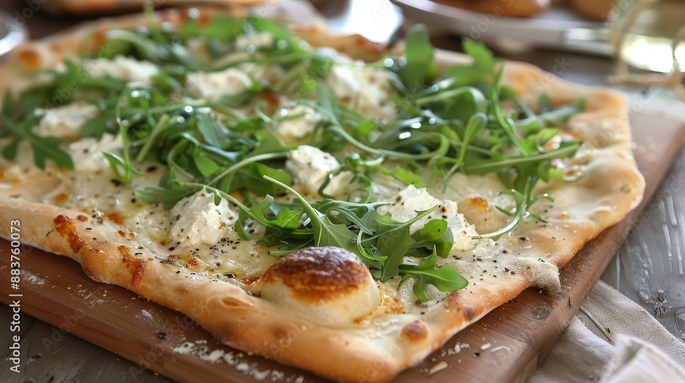 A rustic pizza bianca, topped with ricotta, mozzarella, garlic, and fresh arugula. A rustic pizza bianca, topped with ricotta, mozzarella, garlic, and fresh arugula.