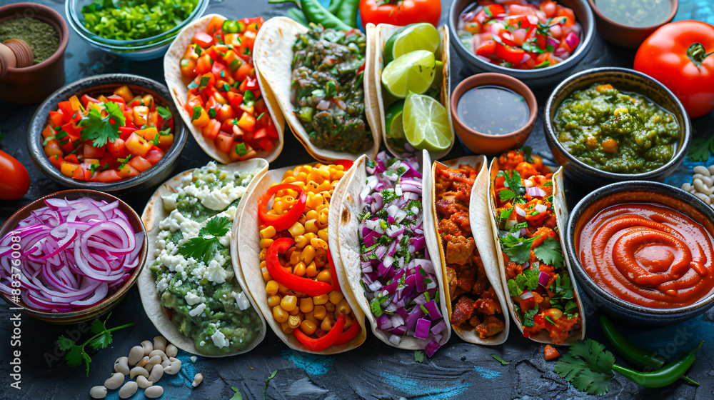 Festive Taco Party: Colorful Spread of Fresh Fillings, Toppings, and Sauces on Table Festive Taco Party: Colorful Spread of Fresh Fillings, Toppings, and Sauces on Table