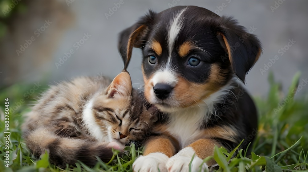 Adorable puppy and kitten cuddling closely, showcasing their pure bond and innocence. This heartwarming moment captures the tender affection and friendship between these two young pets. Adorable puppy and kitten cuddling closely, showcasing their pure bond and innocence. This heartwarming moment captures the tender affection and friendship between these two young pets.