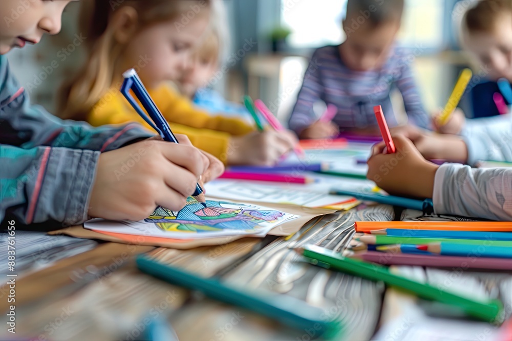 Group of Kids Coloring at Table in Classroom Group of Kids Coloring at Table in Classroom