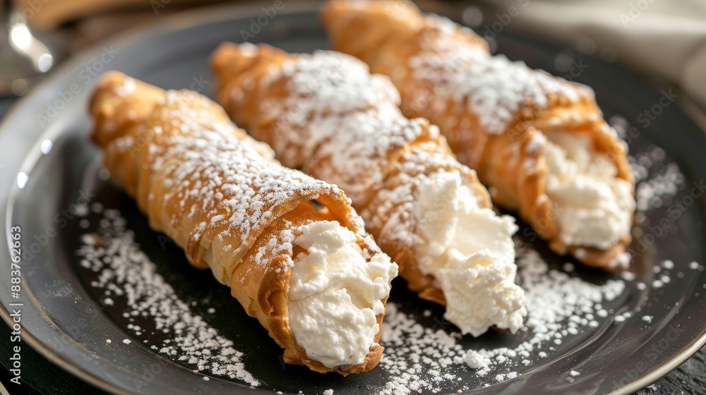 A serving of cannoli, with crispy pastry shells filled with sweet ricotta cream and sprinkled with powdered sugar. A serving of cannoli, with crispy pastry shells filled with sweet ricotta cream and sprinkled with powdered sugar.